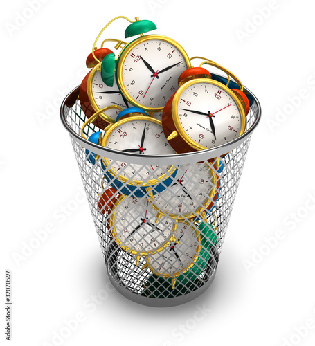 Illustration: Wasting time concept: alarm clocks in the trash bin Wasting time concept: alarm clocks in the trash bin