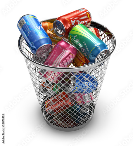 Photo: Recycling concept: drink cans in the trash bin Recycling concept: drink cans in the trash bin