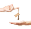 Hands and key with blank label isolated on white background Hands and key with blank label isolated on white background