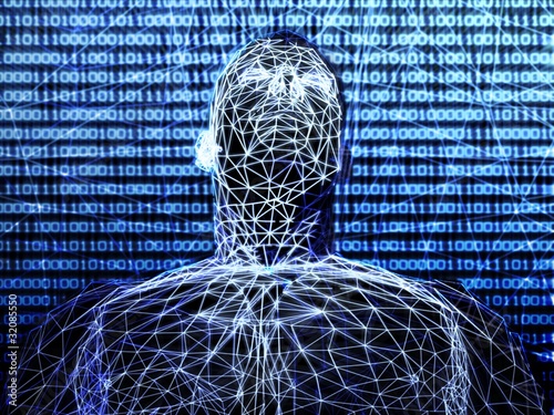 Illustration: 3d futuristic man wire frame in binary network 3d futuristic man wire frame in binary network