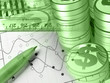 Ruler, pen and coins, in greens