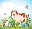 Country life. Cat, kitten and cow