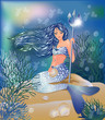 Beautiful Mermaid with Trident and seashell, vector