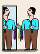a man test different neckties in front of the mirror