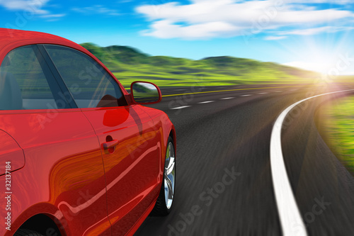Illustration: Red car driving by autobahn in sunset with motion blur Red car driving by autobahn in sunset with motion blur