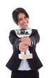 beautiful young woman winning a silver cup