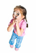 little girl looking through a magnifier