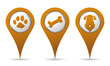 set of three location pet icons, paw, bone, dog