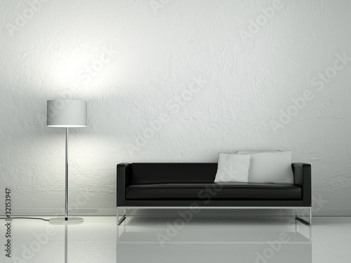 Illustration: Schwarzes Ledersofa mit Stehlampe Schwarzes Ledersofa mit Stehlampe