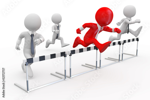 Illustration: Businessmen in a hurdle race with the leader at the head Businessmen in a hurdle race with the leader at the head