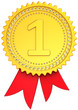 Award ribbon First place golden front view. Winner medal badge