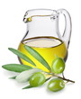 Branch with olives and a bottle of olive oil