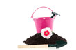 garden soil and equipment in a pink bucket isolated over white