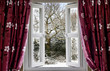 Open window with view to a snowy winter scene