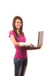 young girl with broken hand and laptop