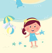 Happy smiling girl on the beach holding sea star. VECTOR