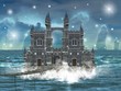 Castello in mezzo al mare con ponte di legno