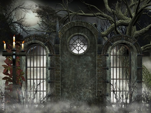 Illustration: sfondo gotico - cancello con nebbia sfondo gotico - cancello con nebbia