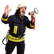 Feuerwehmann beim leiten per Megafon