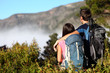 Couple hiking looking at view