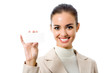 Happy business woman with blank business card, isolated
