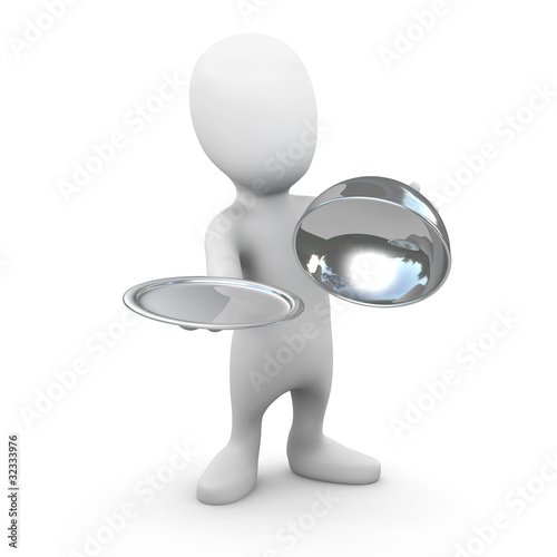 Illustration: 3d Little man with silver service platter 3d Little man with silver service platter