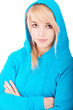 Woman in blue hood