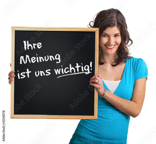 Foto: Frau mit Schild zur Kundenbefragung Frau mit Schild zur Kundenbefragung