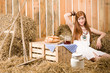Redhead hippie young woman have breakfast in barn Redhead hippie young woman have breakfast in barn