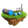 Cricket bat, wicket stumps, bails and balls
