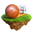 Basketball ball, backboard, hoop and court