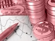 Ruler, pen and coins, in reds