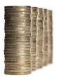 Stacks of 1 Euros Coins in front of white background