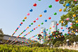 Colorful lanterns hanging near buddhist temple