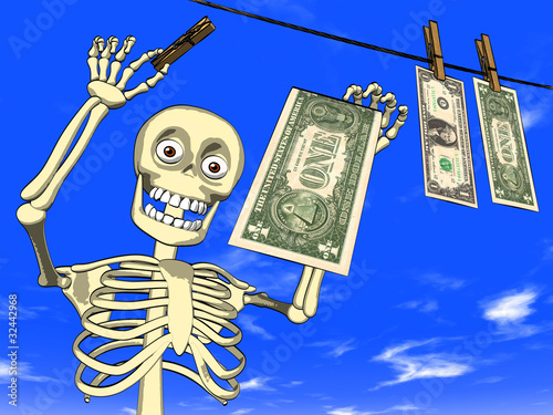 Illustration: Money laundering - cartoon of skeleton with dollar bills Money laundering - cartoon of skeleton with dollar bills
