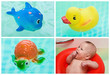 Child and toys in water, collage