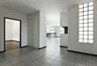 new apartment, empty room with white tiled floor