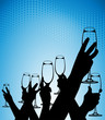Silhouettes of hands with glasses on a blue background
