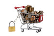 Trolly with coins in, secured with padlock and isolated