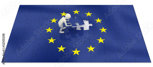 Illustration: 3d man finalizing European Union flag puzzle 3d man finalizing European Union flag puzzle
