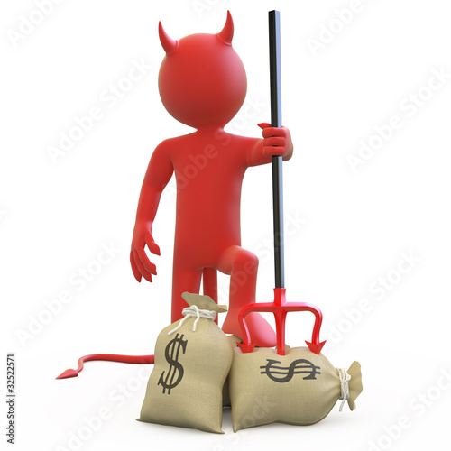 Illustration: Devil with his trident stuck in sack of dollars Devil with his trident stuck in sack of dollars