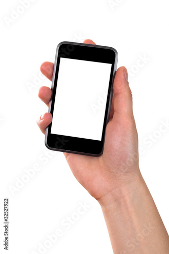 Photo: hand holding mobile phone isolated on white background hand holding mobile phone isolated on white background