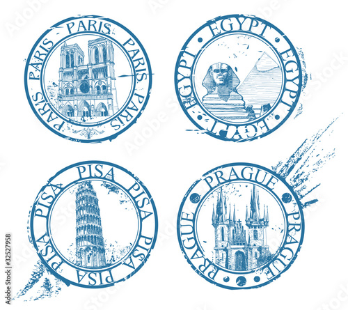 Vector: Ink travel stamps collection: Pisa, Paris, Prague, Egypt Ink travel stamps collection: Pisa, Paris, Prague, Egypt