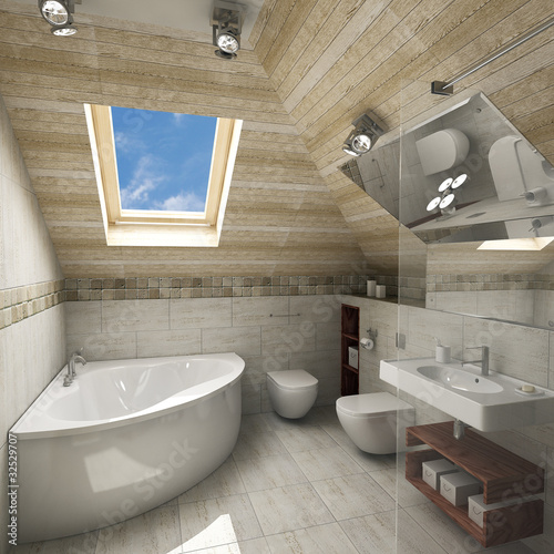 Illustration: Interior of new modern bathroom in daylight, 3D render Interior of new modern bathroom in daylight, 3D render