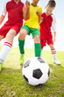 Young rival soccer players jostling for the ball on field