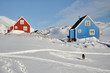Colorful houses and dog in winter, Greenland