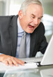 An angry matured business man screaming while looking at laptop