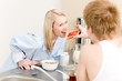 Breakfast happy couple man feed woman toast Breakfast happy couple man feed woman toast