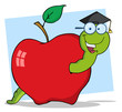 Happy Graduate Worm In Apple Raster Illustration