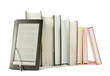 Row of printed books with electronic book reader